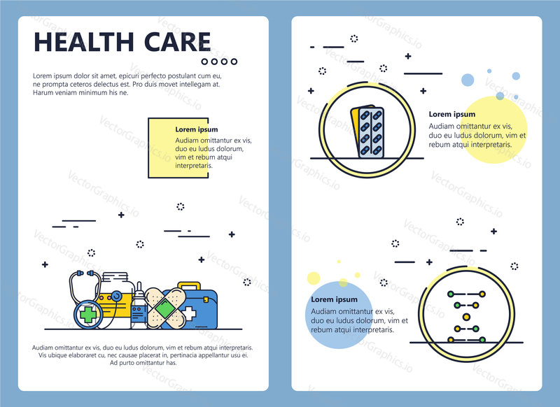 Health care web banner, poster, flyer, leaflet, brochure template. Vector modern thin line art flat style design illustration.