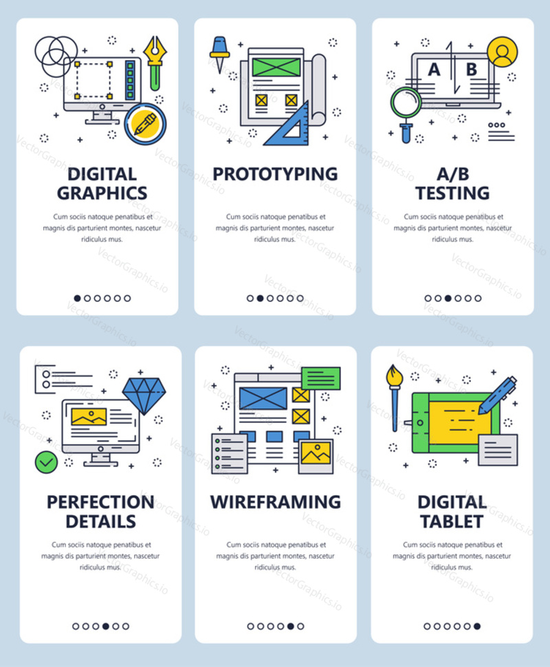 Vector set of mobile app onboarding screens. Digital graphics, Prototyping, A B Testing, Perfection details, Wireframing, Digital tablet web templates and banners. Thin line art style design icons.