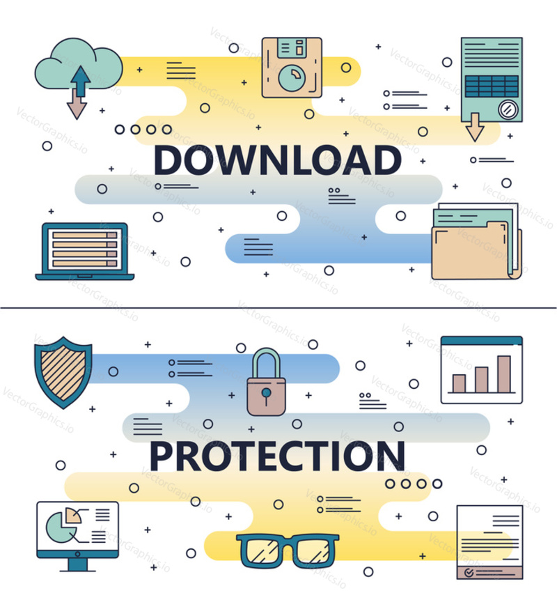 Download and protection template set. Vector thin line art flat style design elements, icons for website banners and printed materials.