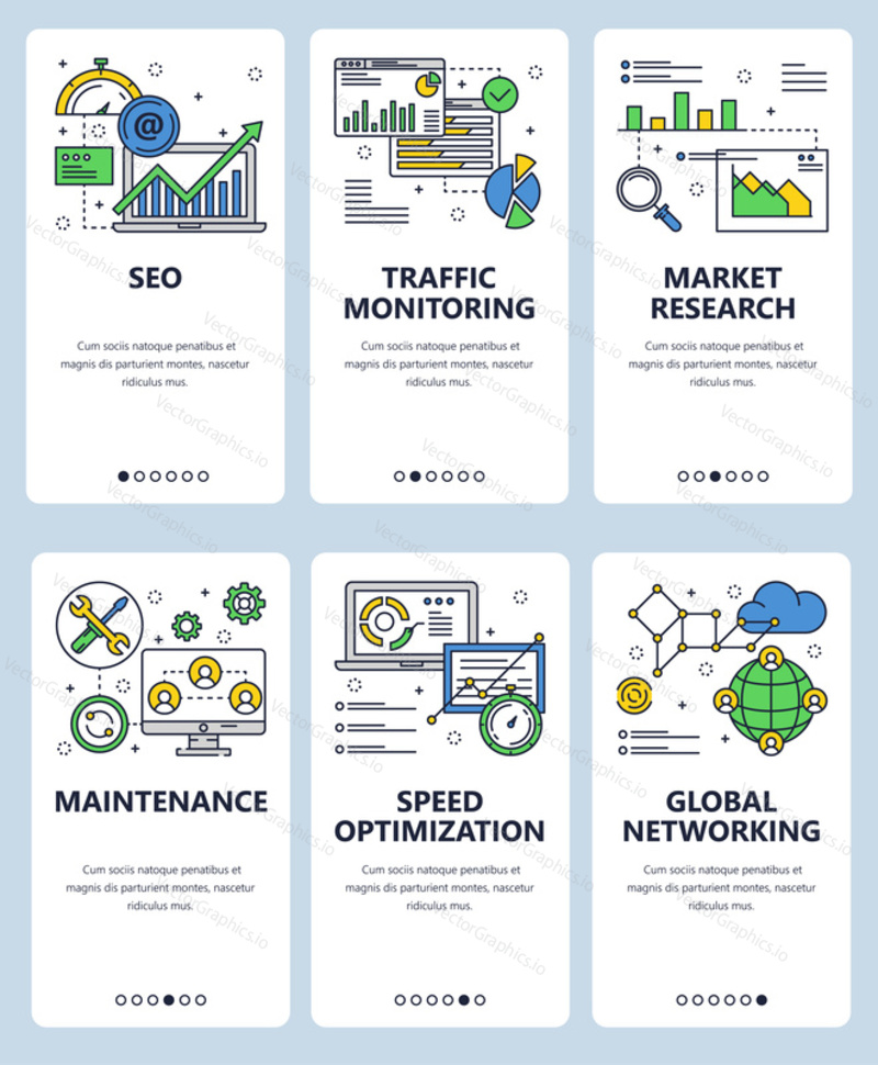 Vector set of mobile app onboarding screens. SEO, Traffic monitoring, Market research, Maintenance, Speed optimization, Global networking web templates and banners. Thin line art style design icons.