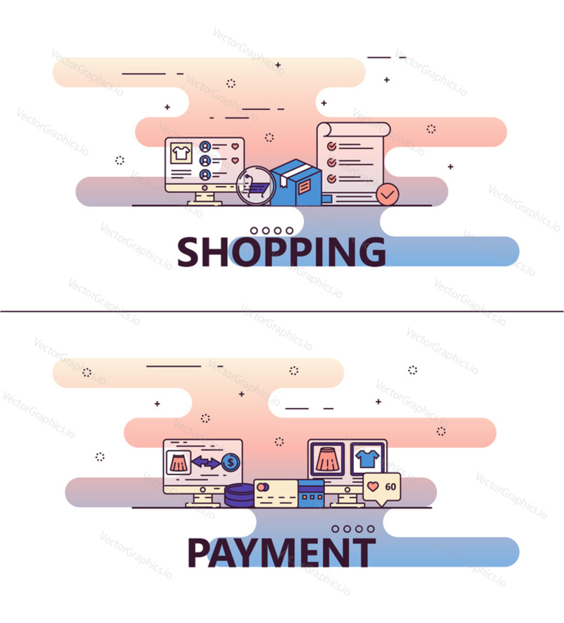 Shopping and payment template set. Vector thin line art flat style design elements with online shopping and payment icons for website banners and printed materials.