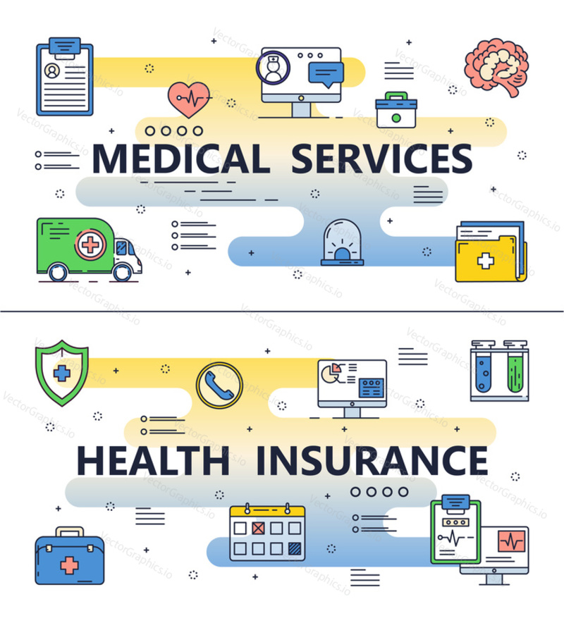 Набор шаблонов медицинского страхования и медицинских услуг. Векторная тонкая линия арт плоский стиль элементы дизайна с медицинской символикой, значки для баннеров веб - сайта и печатных материалов.