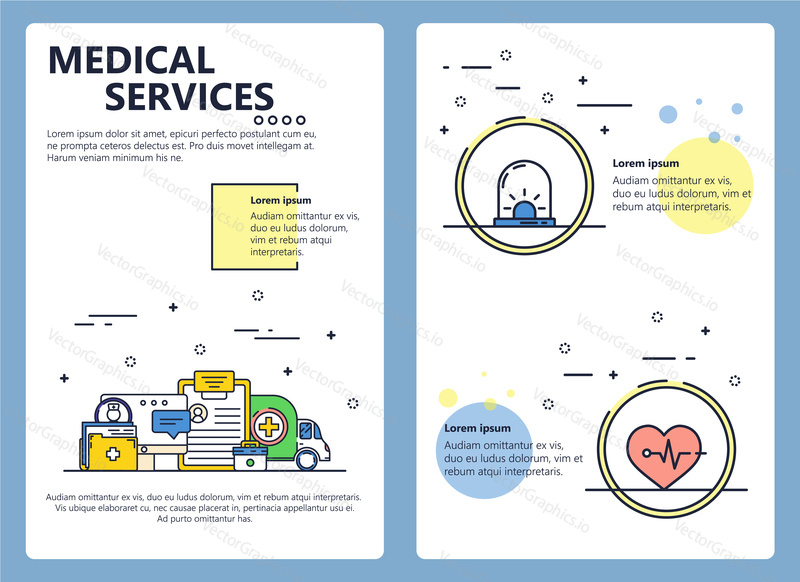 Medical services web banner, poster, flyer, leaflet, brochure template. Vector modern thin line art flat style design illustration.