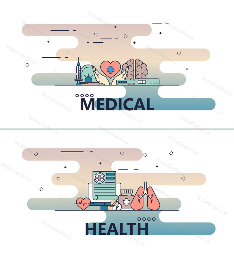 Hospital, medical clinic and healthcare template set. Vector modern thin line art flat style design elements with medical symbols, icons for website banners and printed materials.