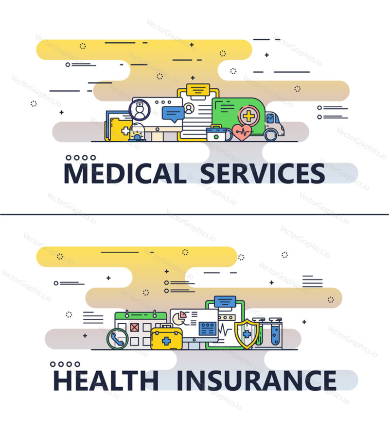 Health insurance company and medical clinic template set. Vector modern thin line art flat style design elements with medical symbols, icons for website banners and printed materials.