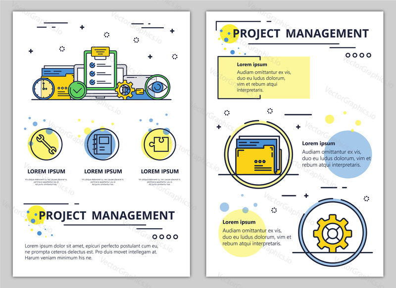 Project management web banner, poster, flyer, leaflet, brochure template. Vector modern thin line art flat style design illustration.