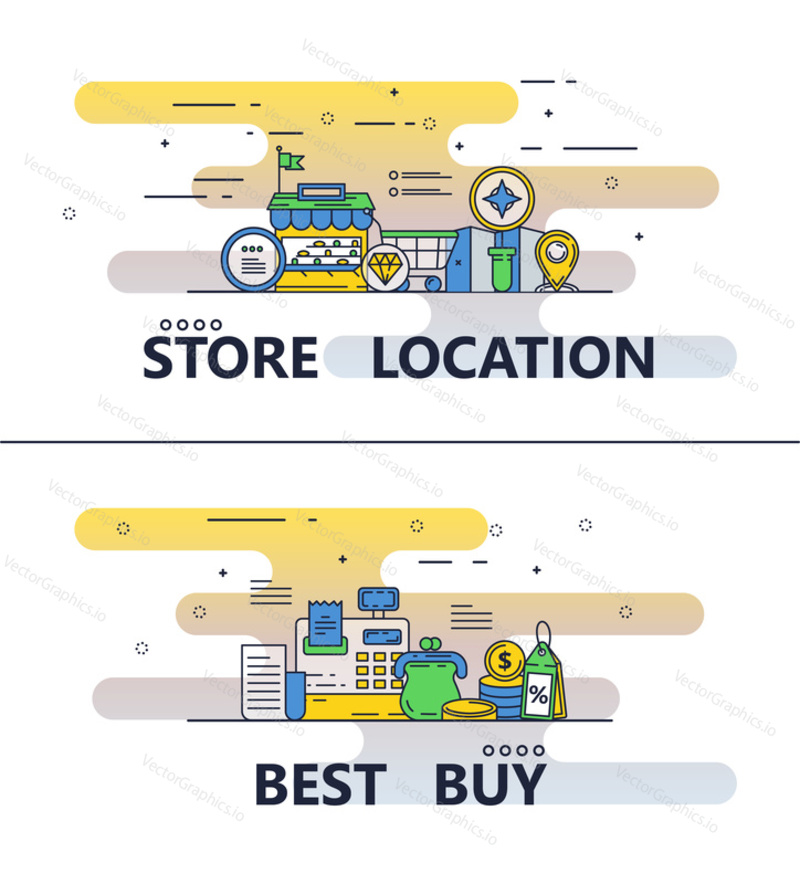 Store location and Best buy template set. Vector thin line art flat style design elements, icons for website banners and printed materials.