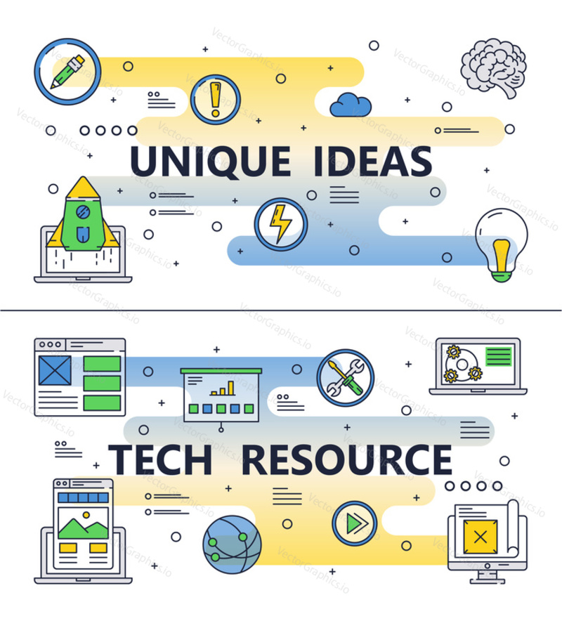 Unique business ideas and Tech resource template set. Vector thin line art flat style design elements, icons for website banners and printed materials.