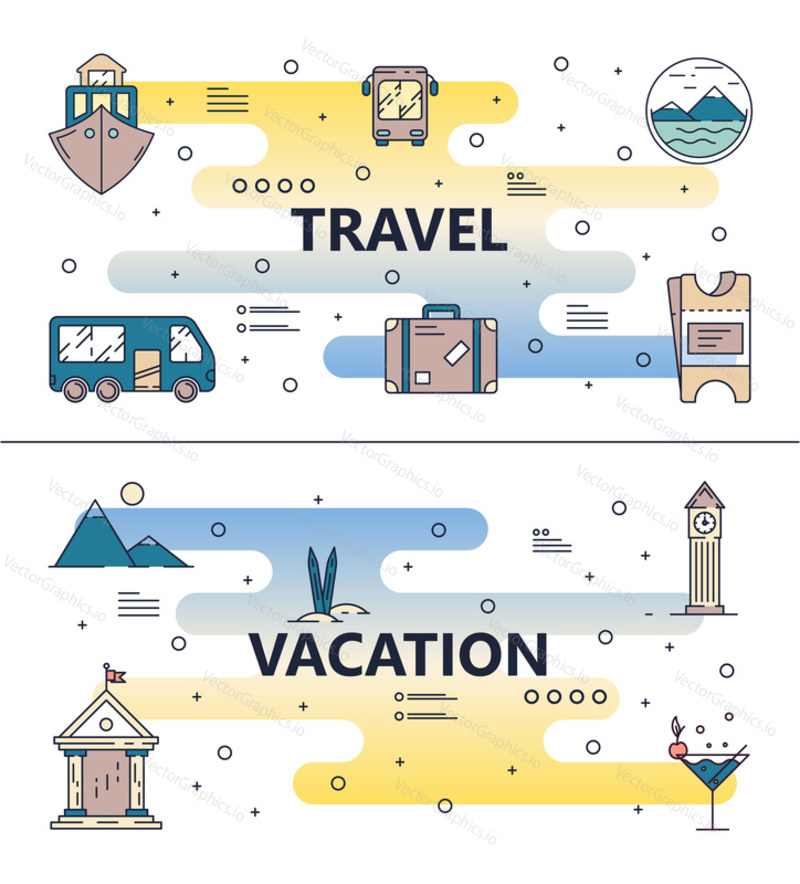 Travel agency or tourism website development template set. Vector modern thin line art flat style design elements with travel symbols, icons for website banners and printed materials.