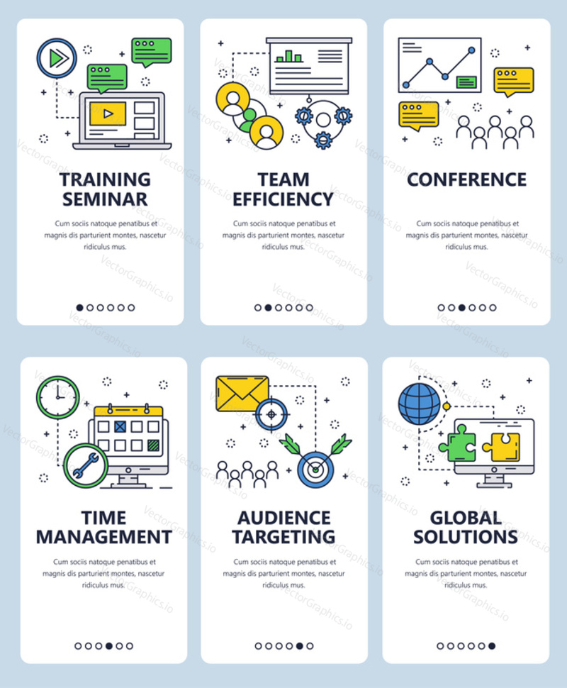 Vector set of mobile app onboarding screens. Training seminar, Team efficiency, Conference, Time management, Audience targeting, Global solutions web templates and banners. Thin line art style design.