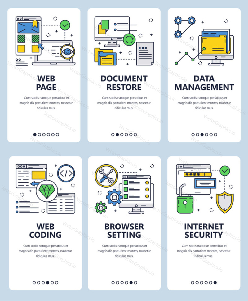 Vector set of mobile app onboarding screens. Web page, Document restore, Data management, Web coding, Browser setting, Internet security web templates and banners. Thin line art style design icons.