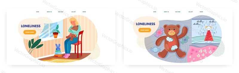 Loneliness landing page design, website banner template set, flat vector illustration. Sad woman sitting alone by the window with teddy bear in arms.