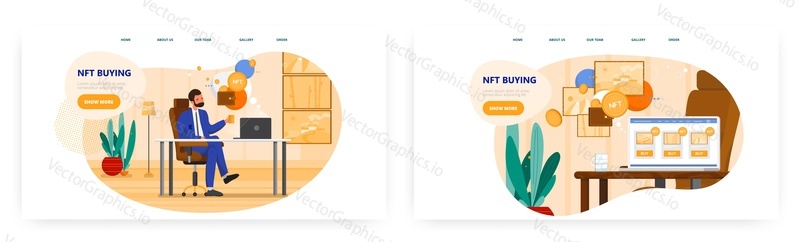 NFT покупает дизайн целевой страницы, набор шаблонов баннеров веб-сайта, плоскую векторную иллюстрацию. Коллекционер, покупающий криптографическое искусство NFT. Несменяемый токен.