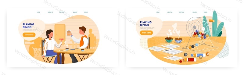 Couple playing bingo game, landing page design, website banner template set, flat vector illustration. Balls with lucky numbers, cards, raffle drum. Lottery gambling.
