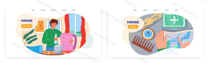 Hiking landing page design, website banner template set, flat vector illustration. Hiker packing tourist backpack with camping, hiking gear and food products.