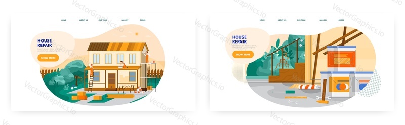 House repair landing page design, website banner template set, flat vector illustration. Home renovation, roof reconstruction and repair service.