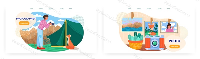 Photographer landing page design, website banner template set, flat vector illustration. Tourist taking photo of red fox sitting near the tent. Nature photographer.