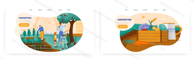 Harvesting landing page design, website banner template set, flat vector illustration. Farmers, gardeners harvesting fruit and vegetables. Seasonal work, agriculture, gardening.