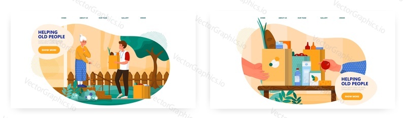 Helping old people landing page design, website banner template set, flat vector illustration. Volunteer giving grocery bag to senior woman. Elderly care, assistance to old aged people. Social support