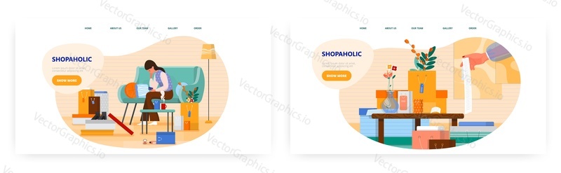 Shopaholic landing page design, website banner template set, flat vector illustration. Woman shopper sitting on sofa with credit card, shopping bags, receipts. Shopping addiction.