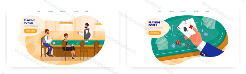 People playing poker game landing page design, website banner template set, flat vector illustration. Green poker table, playing cards, chips, dice. Casino gambling.