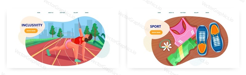 Инклюзивность в спорте, дизайн целевой страницы, набор шаблонов баннеров веб-сайта, плоская векторная иллюстрация. Женщина-спортсменка с протезом руки бежит марафонскую гонку. Образ жизни инвалида.
