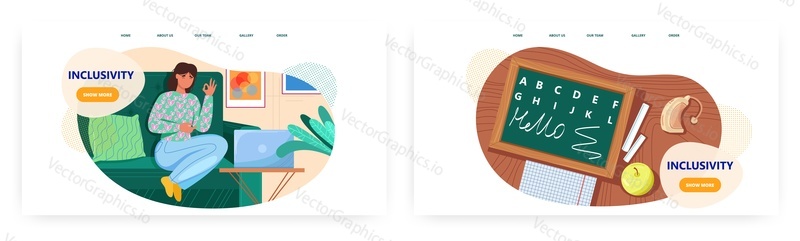 Inclusivity landing page design, website banner template set, flat vector illustration. Woman sitting in front of laptop. Girl talking with gestures using deaf mute sign language. Inclusive education.