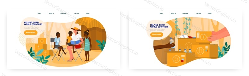 Volunteers helping third world countries. Landing page design, website banner template set, flat vector illustration. Humanitarian aid to developing countries, international volunteering, donation.
