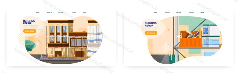 Building repair landing page design, website banner template set, flat vector illustration. House building exterior renovation, restoration. Home repair and improvement services.