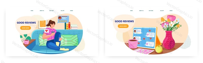 Good reviews landing page design, website banner template set, flat vector illustration. Woman giving positive feedback. Customer review, experience, star rating.