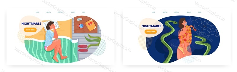 Nightmares landing page design, website banner template set, flat vector illustration. Woman suffering from nightmares. Bad dream, fear, anxiety, despair. Sleep disorder.