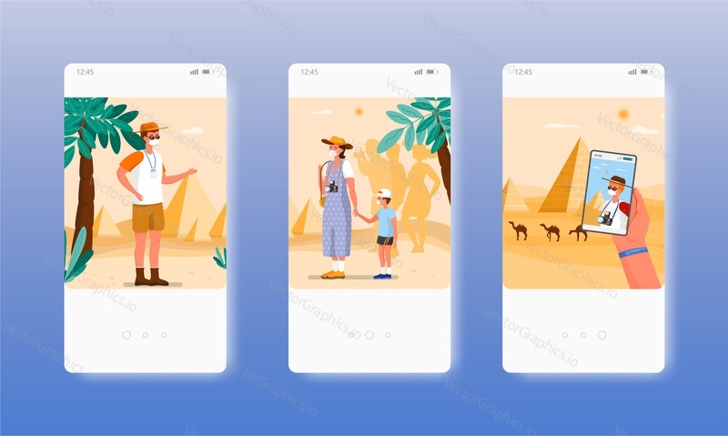 Guide tour. Tourists on excursion to Egyptian pyramids. Travel. Mobile app screens. Vector banner template for website and mobile development. Web site and UI design illustration.