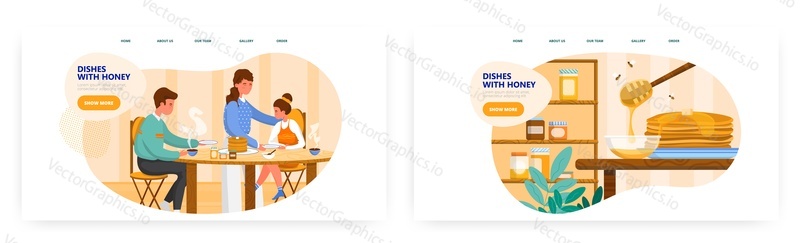 Dishes with honey landing page design, website banner template set, flat vector illustration. Family eating pancakes with honey for breakfast. Sweet organic syrup, natural product.