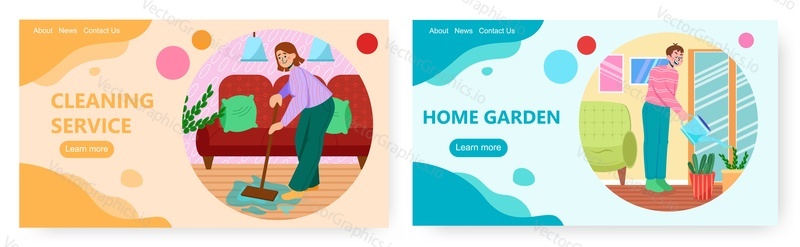 Home care services, landing page design, website banner template set, flat vector illustration. Housekeeping. Household chores. Home cleaning, houseplants care.