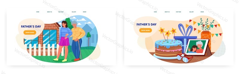Fathers day landing page design, website banner template set, flat vector illustration. Happy senior father with his adult daughter, cake, gifts. Holiday celebration.