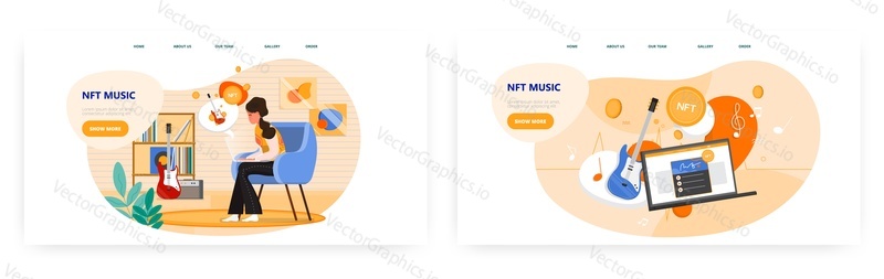 NFT music landing page design, website banner template set, flat vector illustration. Woman creating NFT electronic music. Blockchain non-fungible token.