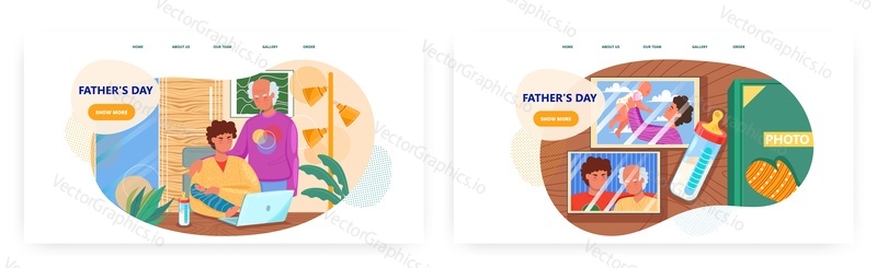 Fathers day landing page design, website banner template set, flat vector illustration. Happy senior father hugging his adult son holding newborn baby in arms. Three generations. Holiday celebration.