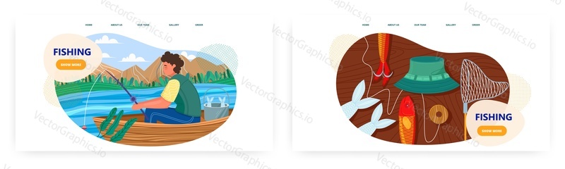 Fishing landing page design, website banner template set, flat vector illustration. Fishing tackle. Fisherman sitting in boat with rod. Outdoor leisure activity, hobby.