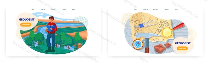 Geologist landing page design, website banner template set, flat vector illustration. Geologist equipment, geology, the Earth science, scientific research. Geological expedition.