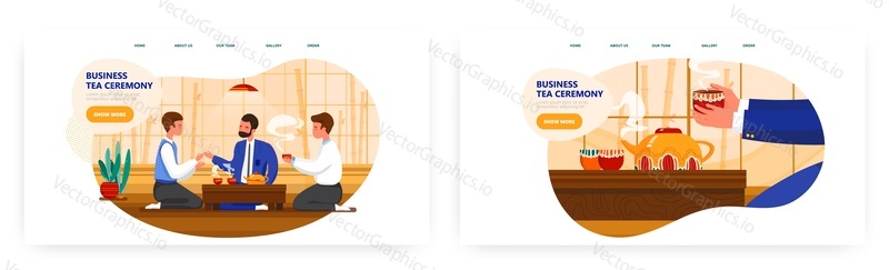Business tea ceremony landing page design, website banner template set, flat vector illustration. Male characters sitting on the floor with tea cups. Asian culture, traditional japanese event.