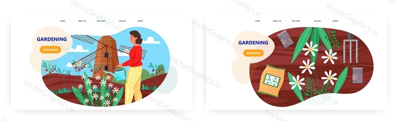 Gardening landing page design, website banner template set, flat vector illustration. Woman farmer, gardener watering plants, growing vegetables. Agriculture, farming.