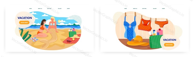 Vacation landing page design, website banner template set, flat vector illustration. Woman making sand mermaid. Beach accessories. Summer beach holidays.
