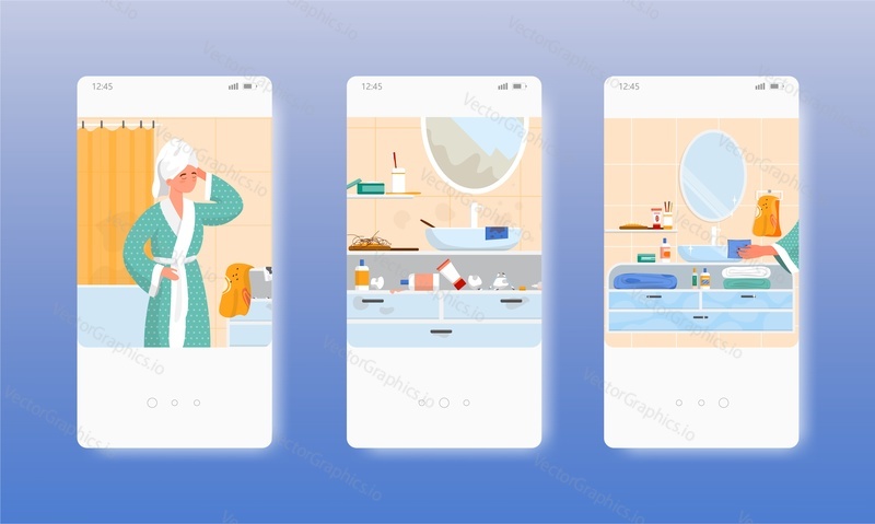 Messy and clean bathroom. Bathroom interior before and after cleaning. Mobile app screens. Vector banner template for website and mobile development. Web site and UI design illustration.