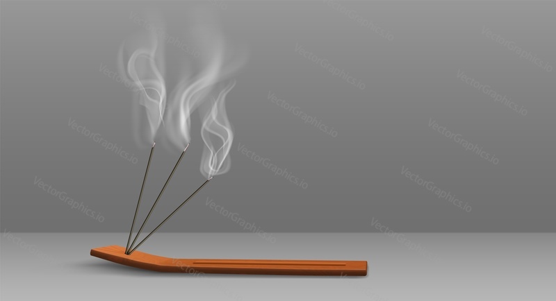 Aroma sticks incense with realistic smoke 3d vector illustration. Aroma stick on wooden stand isolated on transparent background. Aromatherapy and meditation. Agarbatti sticks.