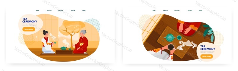 Дизайн целевой страницы чайной церемонии, набор шаблонов баннеров веб-сайта, плоская векторная иллюстрация. Две женщины в традиционных японских кимоно пьют чай, сидя на полу. Азиатская культура и традиции.