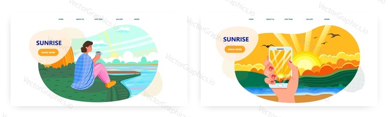 Sunrise landing page design, website banner template set, flat vector illustration. Girl watching sunrise sitting on river bank. Woman dreaming, drinking coffee, taking nature photo. Summer vacation.