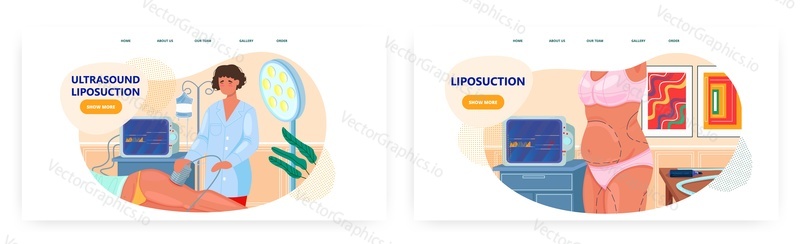 Liposuction landing page design, website banner template set, flat vector illustration. Ultrasound liposuction fat loss procedure. Ultrasonic cavitation. Cosmetic surgery.