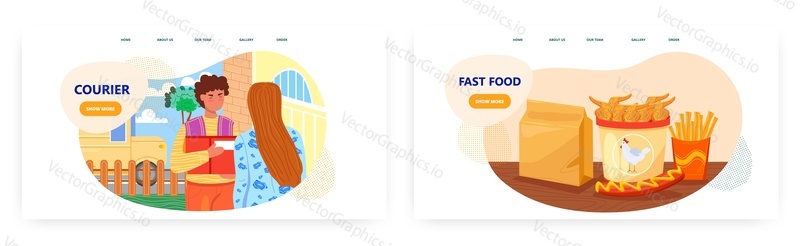 Fast food courier landing page design, website banner template set, flat vector illustration. Male courier delivering meal to customer. Delivery man profession, job. Home food delivery service.