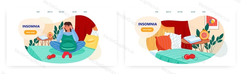 Insomnia landing page design, website banner template set, flat vector illustration. Sleepless girl sitting in bed. Sleep disorder.