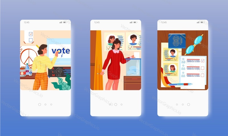 Election. Woman making voting poster, voter putting paper ballot into vote box. Mobile app screens. Vector banner template for website and mobile development. Web site and UI design illustration.